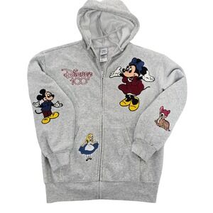 Disney 100 Years of Wonder Zip Hoodie Grey Chenille Minnie Mickey Patches XS EUC